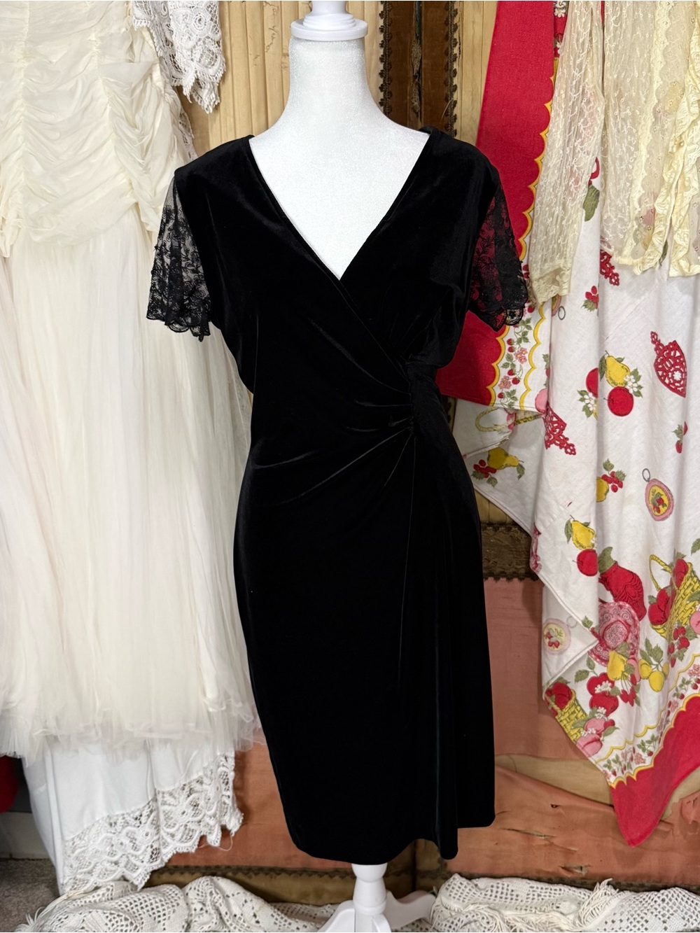 Vintage 90’s Robbie Bee Black Velvet Wrap Midi Dress with Lace Sleeves